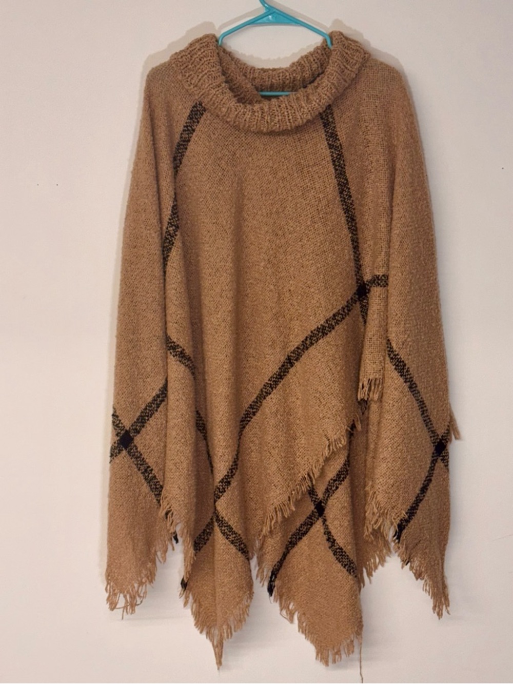 Cozy Camel & Black Cowl-Neck Poncho Sweater with Fringe - Picture 3 of 5